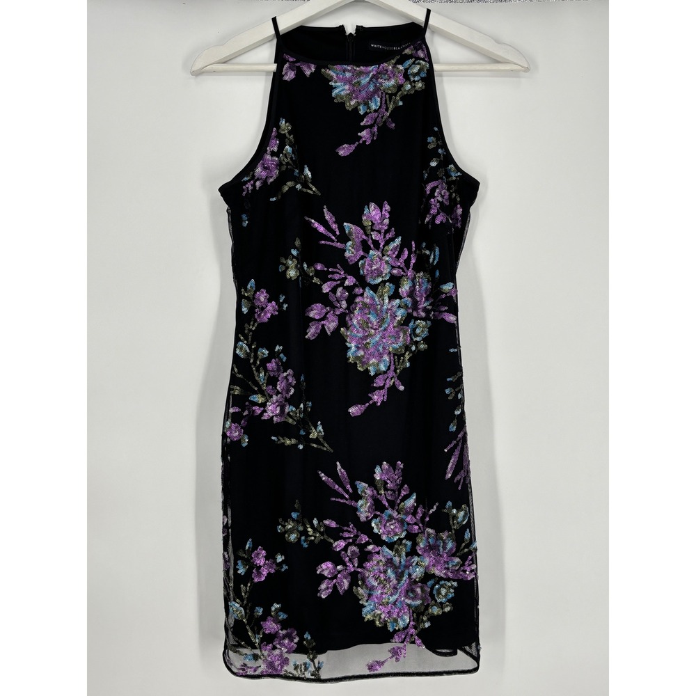 White House Black Market Dress Womens 00P Black Floral Sequin Halter Shift Mini - Picture 2 of 9